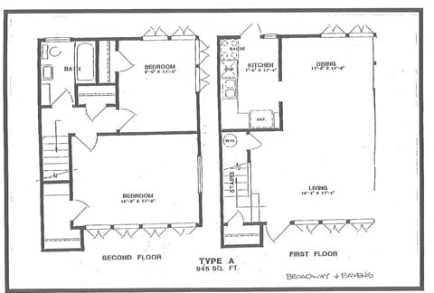 Floor plan for 2 beds, 1 bath, 945 sqft